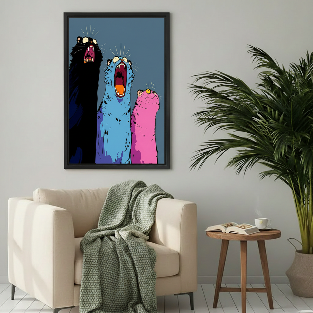 Colorful screaming cats pop art canvas wall art above white desk, bold funny cat home office decor
