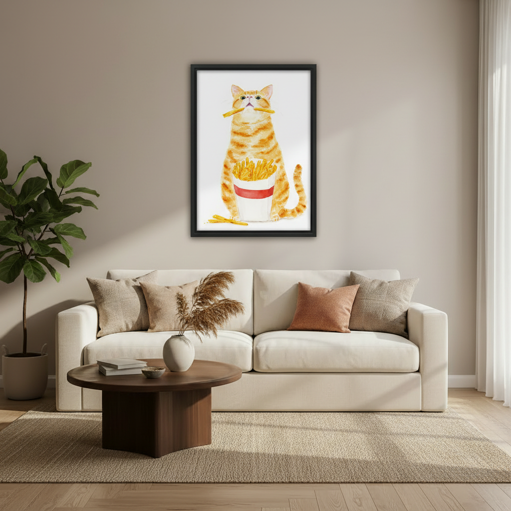Orange cat holding french fries illustration canvas, cat lover home decor