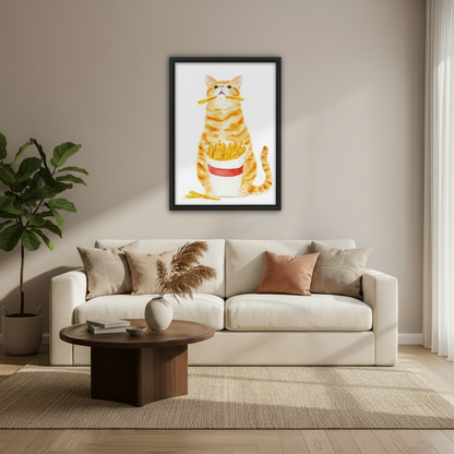 Orange cat holding french fries illustration canvas, cat lover home decor