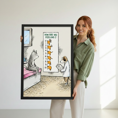 Funny dog doctor cat patient cartoon canvas wall art in black frame in minimalist living room — whimsical animal humor print
