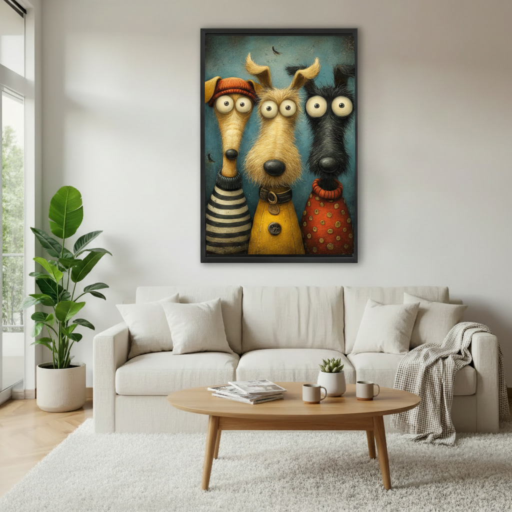 Whimsical three dogs folk art canvas wall art in black frame in minimalist living room — funny cartoon dog oil painting print