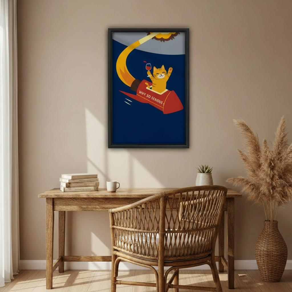 Retro orange cat riding rocket with wine canvas print in styled room, funny cat lover wall decor