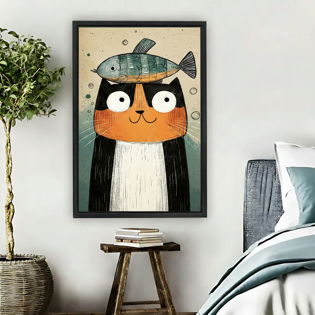 Funny cat with fish on head whimsical canvas wall art print, black orange cat illustration