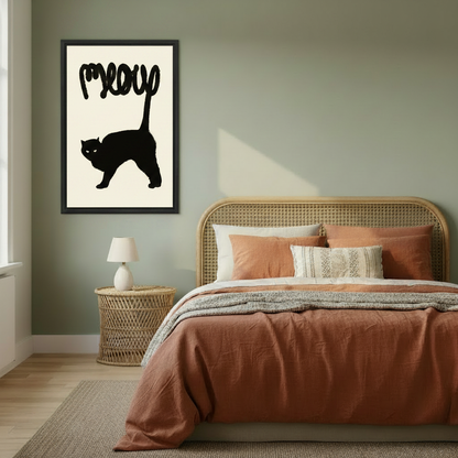 Meow black cat minimalist canvas print in cozy bedroom — funny cat typography wall art, modern bedroom decor