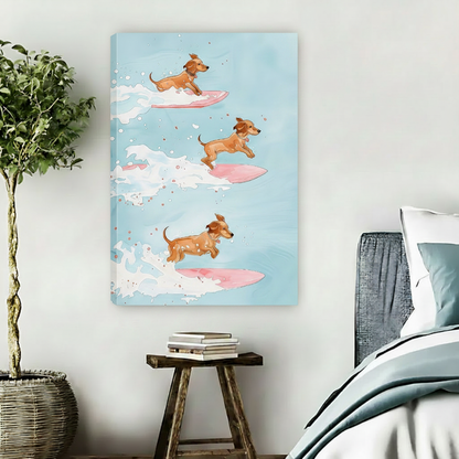 Cute dachshund surfing canvas art print, watercolor illustration of dogs riding waves, fun kids room wall decor