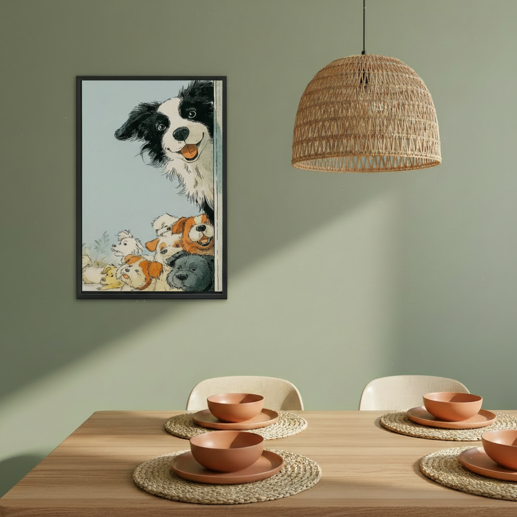 Funny Peeking Dogs Illustration Wall Art Print Framed l2038