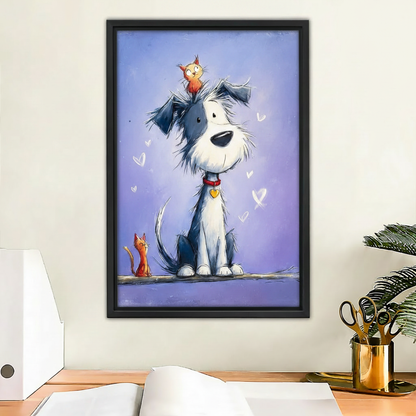 Cute dog and cat friendship framed canvas wall art with purple background and floating hearts