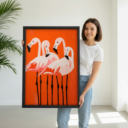 Woman holding bold flamingo modern art framed canvas wall print in bright minimal room