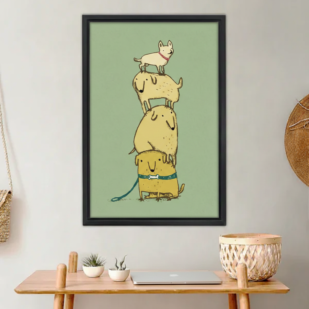 Funny stacked dogs illustration canvas wall art, whimsical dog lover print