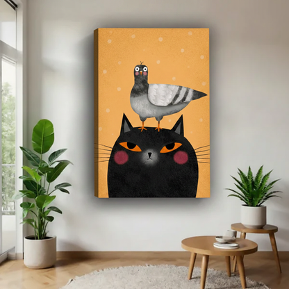 Funny black cat pigeon canvas art print no frame gallery wrap — whimsical cat lover wall decor