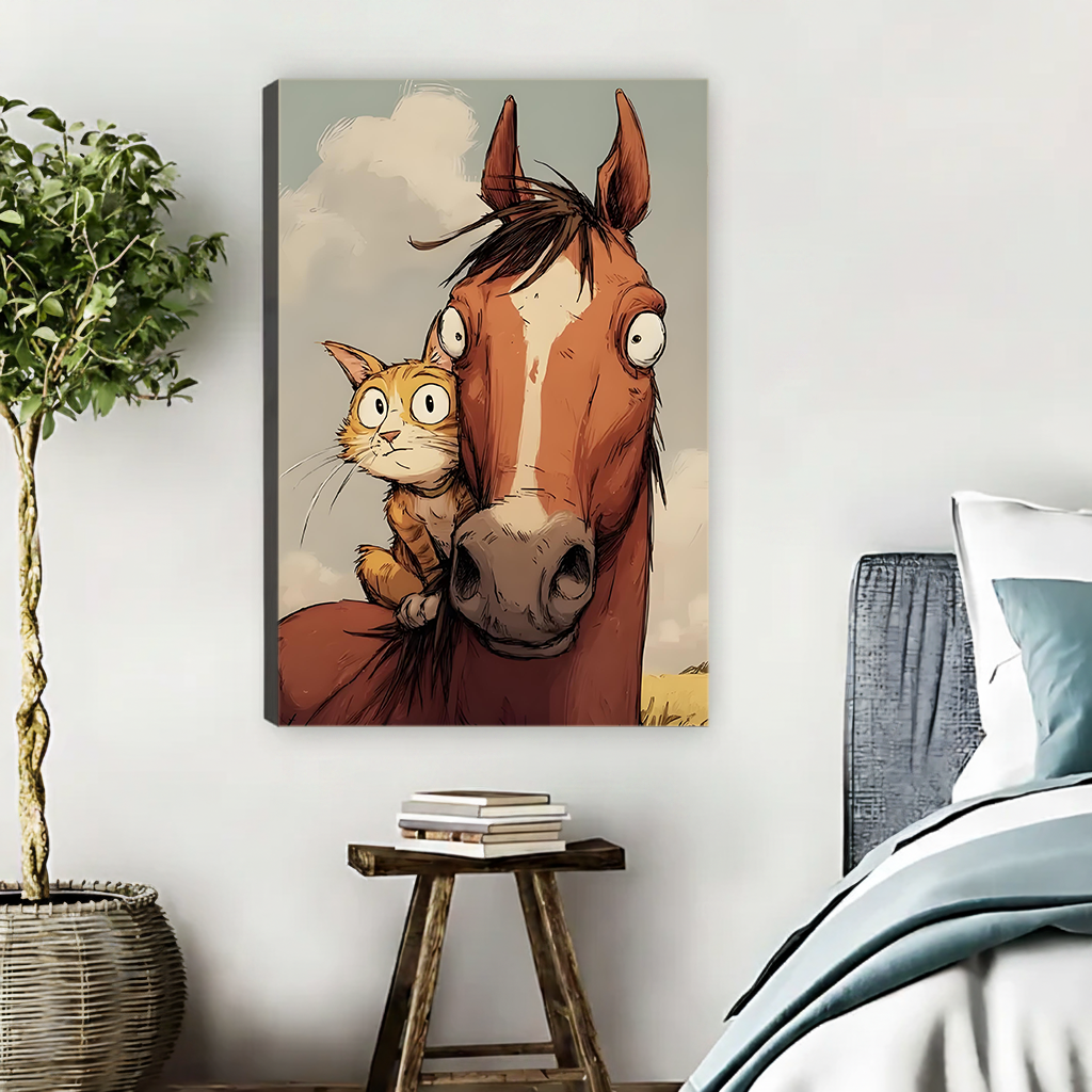 Funny orange cat and horse canvas wall art gallery wrap in Scandinavian bedroom