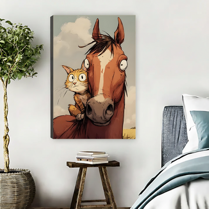 Funny orange cat and horse canvas wall art gallery wrap in Scandinavian bedroom