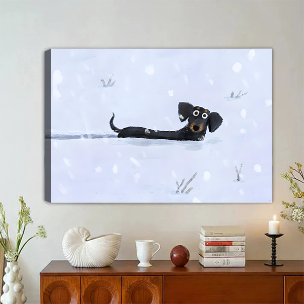 Snow Day dachshund gallery wrap canvas art with playful wiener dog illustration hung above wooden console in living room