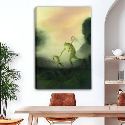 Whimsical badminton frogs oil painting canvas wall art displayed in dining room with wood table