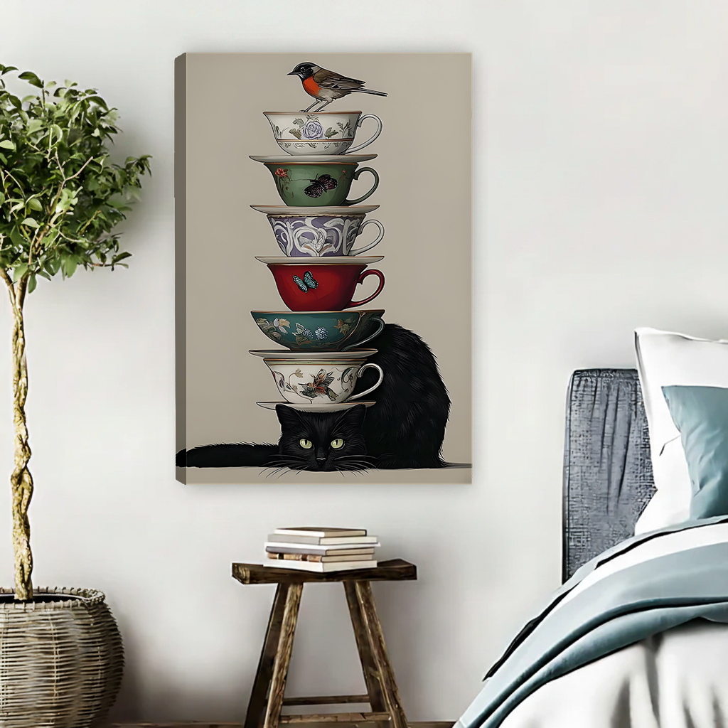 Black Cat Stacked Teacups Robin Bird Vintage Framed Canvas l3245