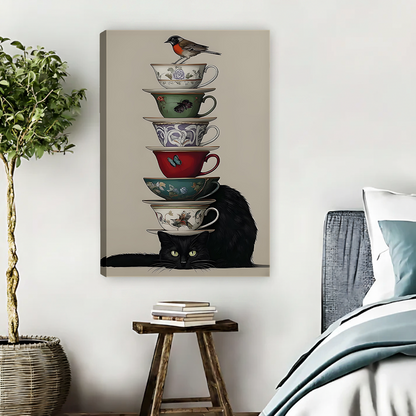 Black Cat Stacked Teacups Robin Bird Vintage Framed Canvas l3245