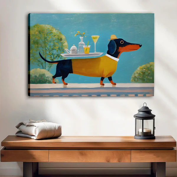 Canvas dapper dachshund tea party whimsical wall art print on wall above wooden console table