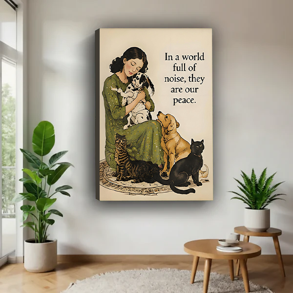 Woman in green floral dress sitting on rug holding dalmatian puppy with yellow labrador black cat and tabby cat beside her vintage watercolor illustration with they are our peace quote gallery wrap canvas art displayed on white wall in Scandinavian living room with large fiddle leaf fig plant wooden side table and fern