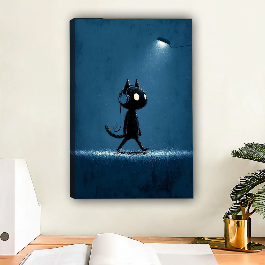 Black cat with headphones night walk canvas art print without frame above wooden desk – atmospheric dark teal blue illustration for music lover wall decor
