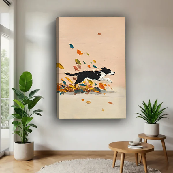 Border collie autumn leaves canvas art print – frameless modern dog wall decor in minimalist living room with greenery