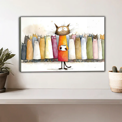 Unframed gallery wrap canvas of colorful whimsical cats with coffee mug