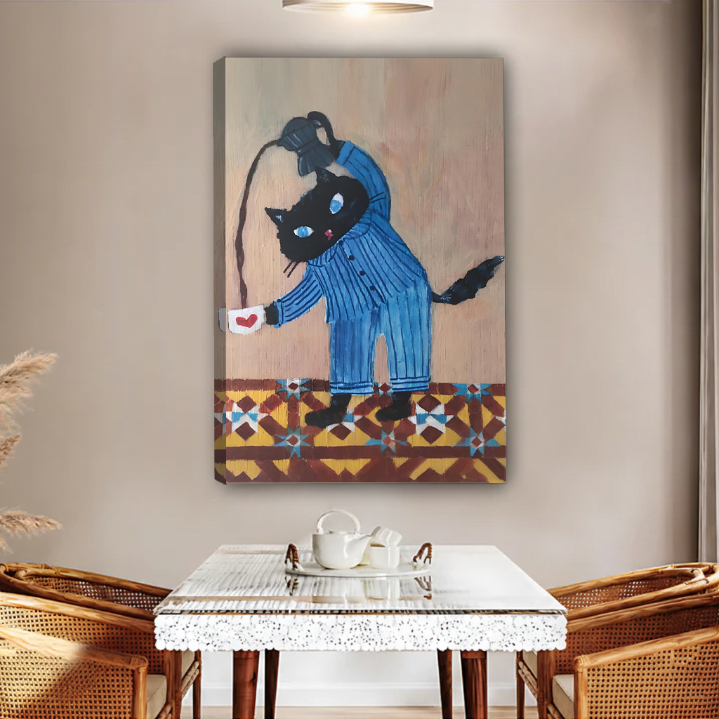 Cozy black cat in blue striped pajamas holding heart mug gallery wrap canvas art without frame above glass dining table