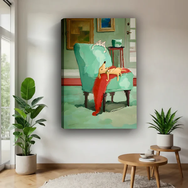 Cozy dog napping armchair canvas art print displayed in bright contemporary living room