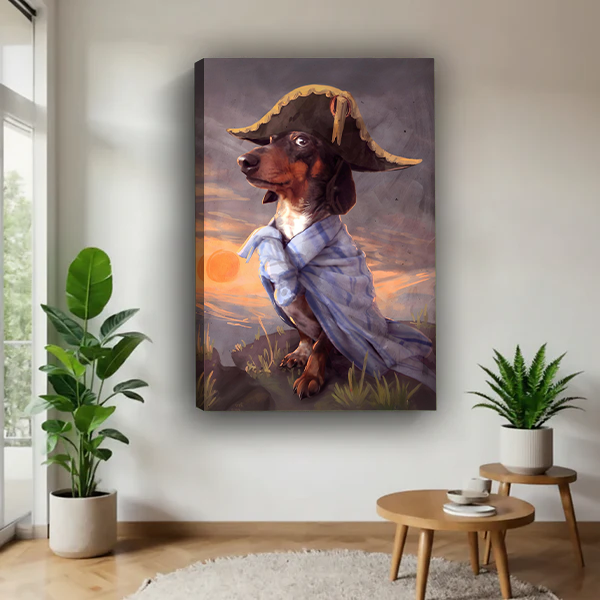 Fantasy pirate dachshund wall art print in black frame displayed in modern living room