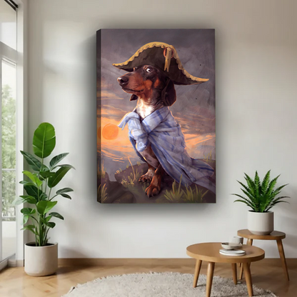 Fantasy pirate dachshund wall art print in black frame displayed in modern living room