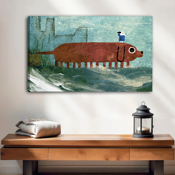 Surreal giant dachshund wading through flooded city gallery wrap canvas art without frame above wooden console table with lantern