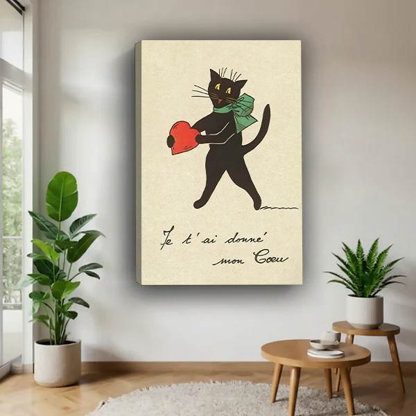 Frameless canvas French vintage black cat with green bow tie and red heart print in a modern living room, romantic whimsical wall art