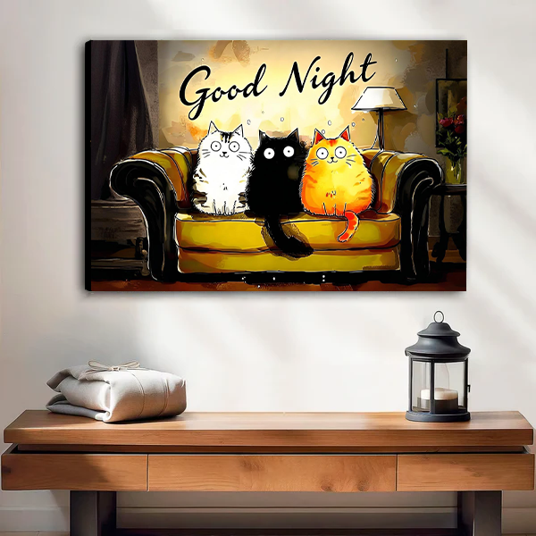 Good Night Cartoon Cats Yellow Sofa Canvas Wall Art Print Home Decor