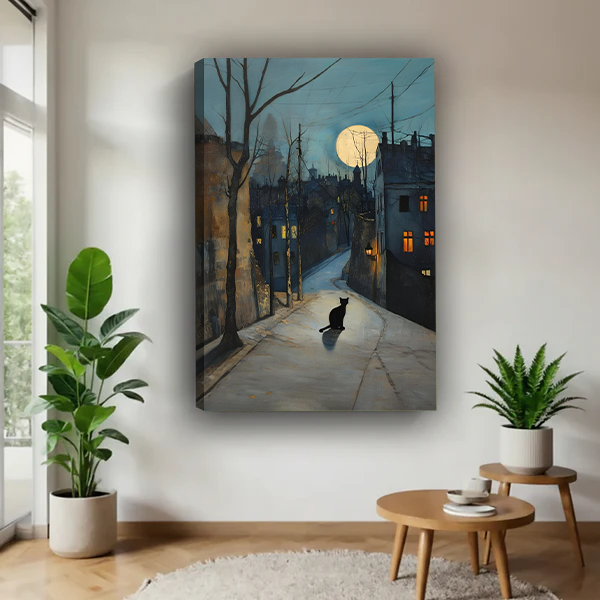 Frameless canvas black cat on moonlit cobblestone street print displayed in a modern living room, moody watercolor wall art decor