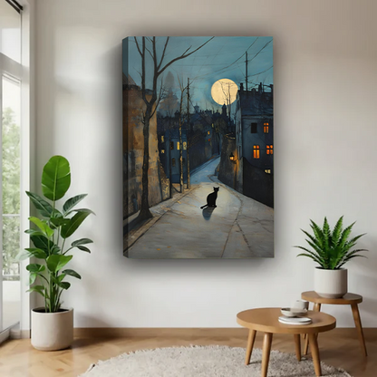 Frameless canvas black cat on moonlit cobblestone street print displayed in a modern living room, moody watercolor wall art decor
