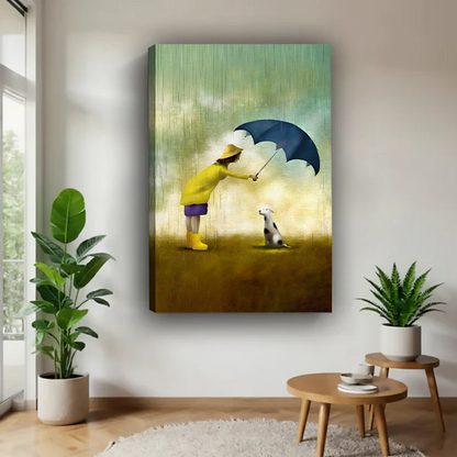 Canvas wall art of two dogs nose to nose with a floating heart displayed in a bright living room