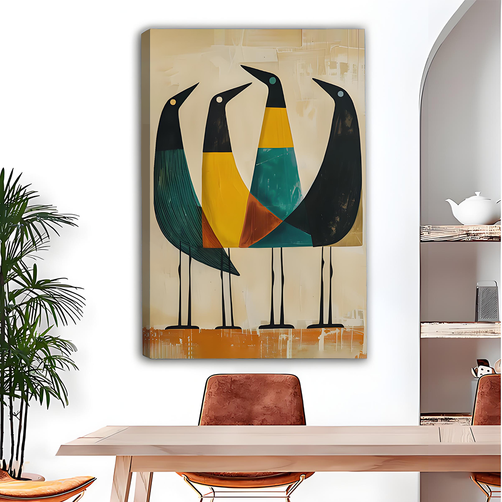 Mid-Century Modern Geometric Birds Quartet Canvas Wall Art Print Teal Gold Dining Room