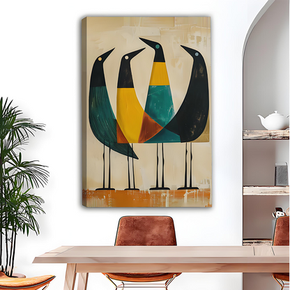 Mid-Century Modern Geometric Birds Quartet Canvas Wall Art Print Teal Gold Dining Room