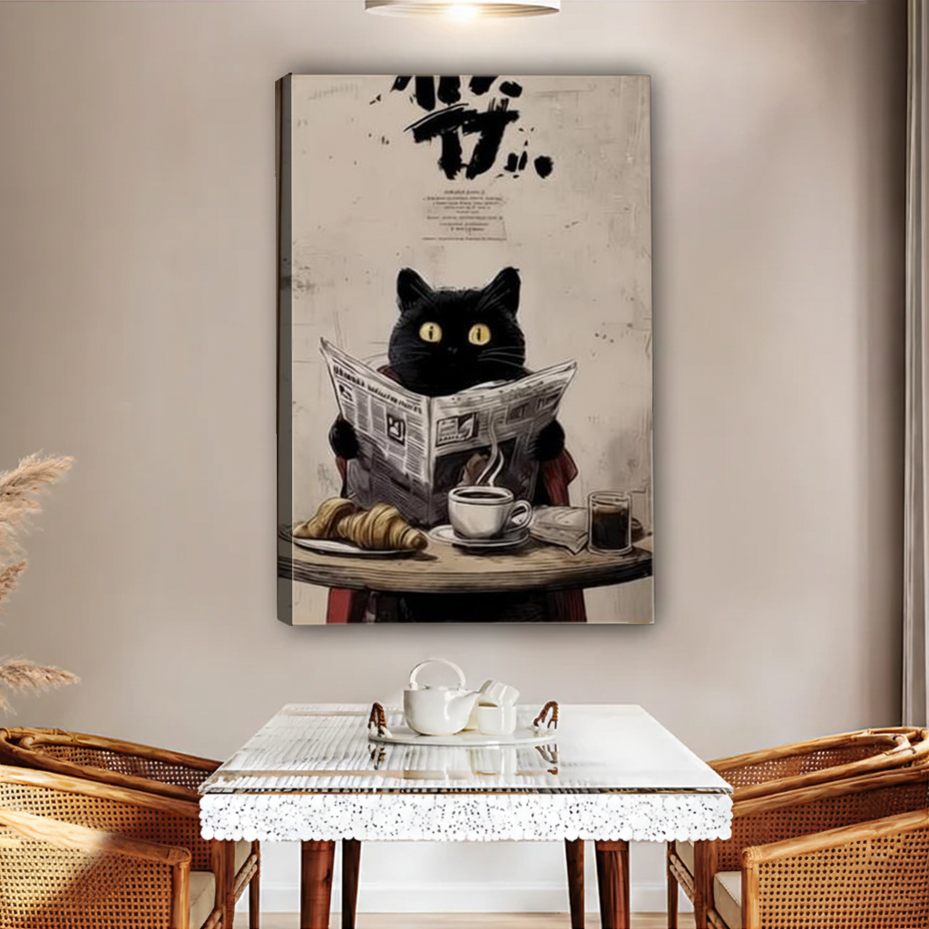 Black cat with coffee and croissant canvas wall art print gallery wrap