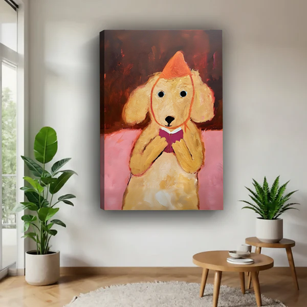 Cute golden dog party hat heart gift whimsical oil painting gallery wrap canvas wall art without frame in bright living room with plants