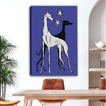 Bold blue greyhound dog pair gallery wrap canvas art print in dining room