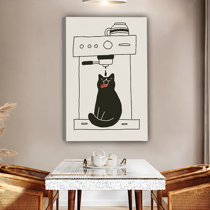 Funny black cat sitting under espresso machine with tongue out catching coffee drip minimalist line art illustration gallery wrap canvas art displayed on warm beige wall above white terrazzo dining table with white tea set tray and rattan chairs with pampas grass in boho dining room