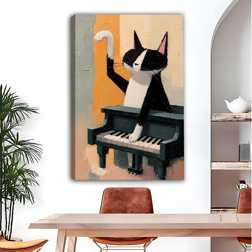 Tuxedo Cat Playing Piano Oil Painting Canvas Wall Art Print Dining Room Home Decor
