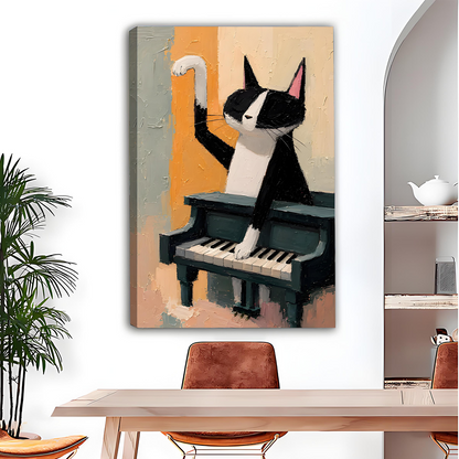 Tuxedo Cat Playing Piano Oil Painting Canvas Wall Art Print Dining Room Home Decor
