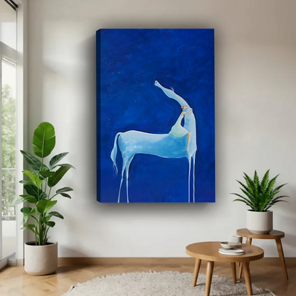 Dreamy blue deer canvas art print on starry night background without frame