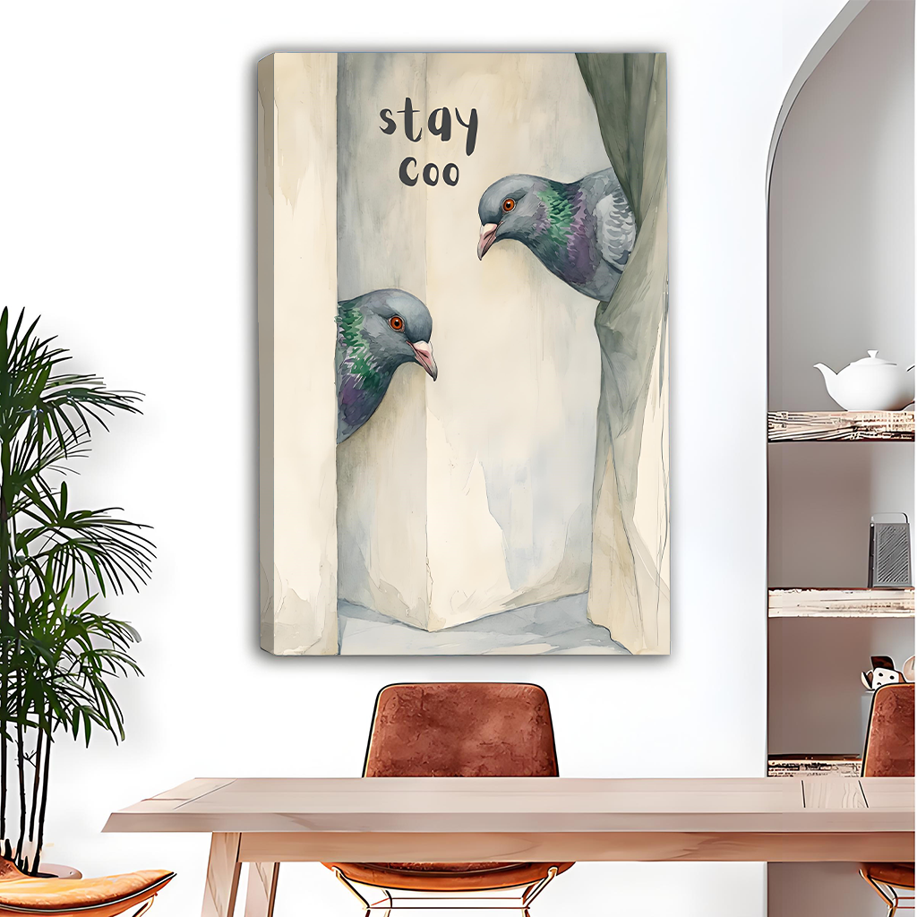 Stay Coo canvas wall art of two pigeons peeking through curtains, eclectic dining room display