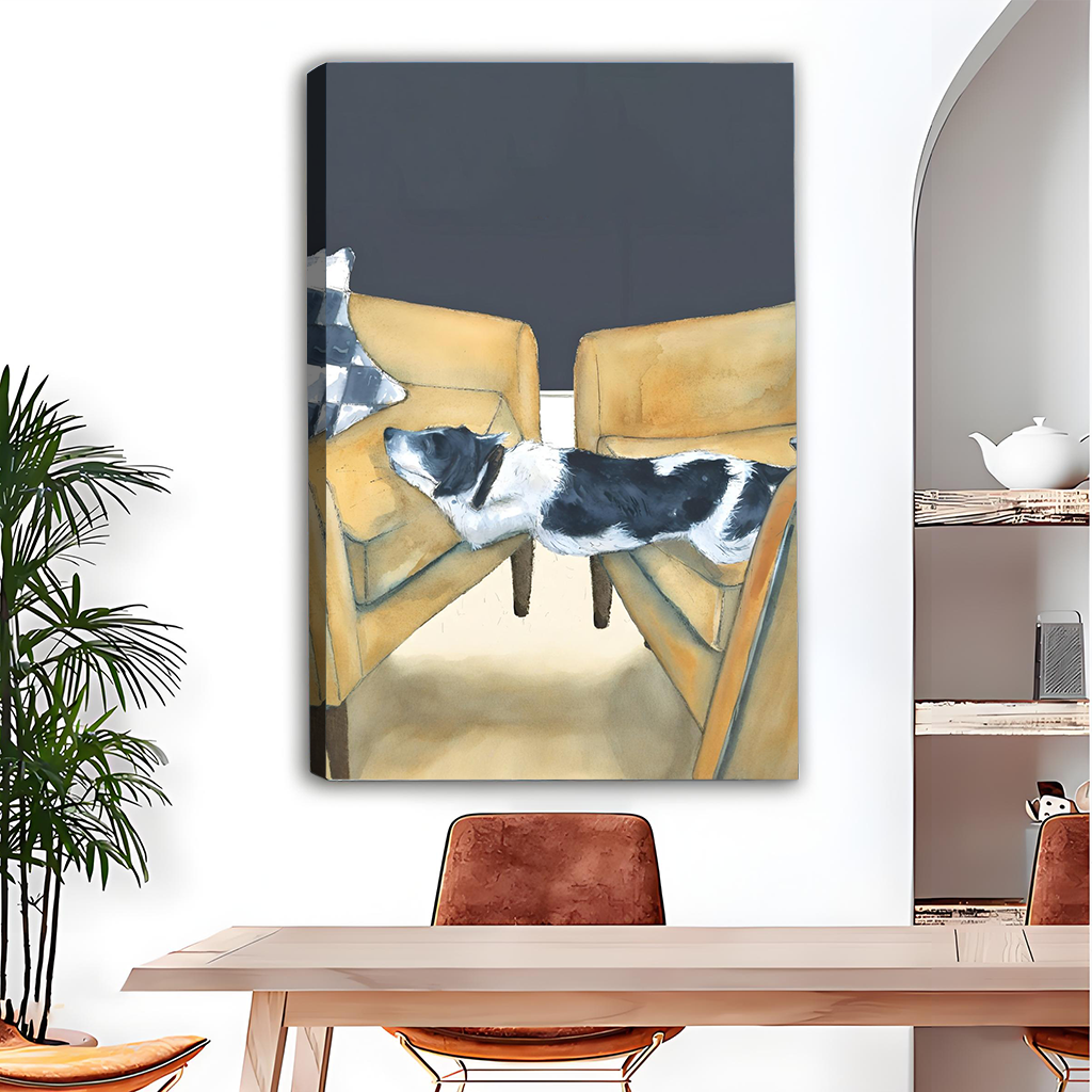 Modern animal canvas wall art featuring humorous dog stretched across yellow chairs displayed in contemporary dining room