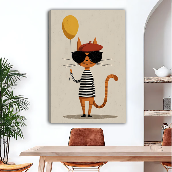 Funny cat sunglasses red beret yellow balloon minimalist illustration gallery wrap canvas art without frame above wooden dining table with leather chairs and arched wall