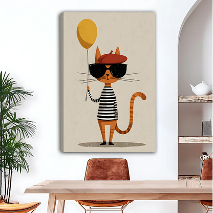 Funny cat sunglasses red beret yellow balloon minimalist illustration gallery wrap canvas art without frame above wooden dining table with leather chairs and arched wall