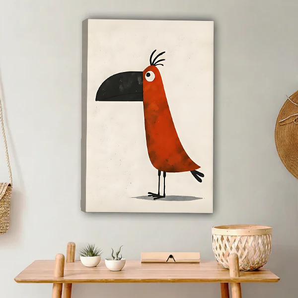 Whimsical toucan minimalist canvas wall art displayed above a wooden console table in a bohemian neutral entryway