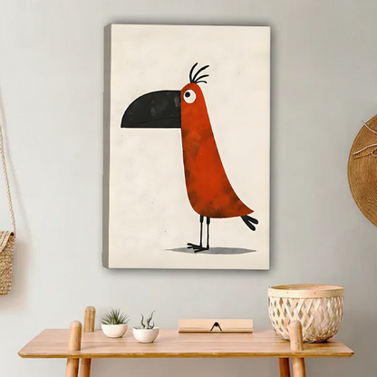Whimsical toucan minimalist canvas wall art displayed above a wooden console table in a bohemian neutral entryway